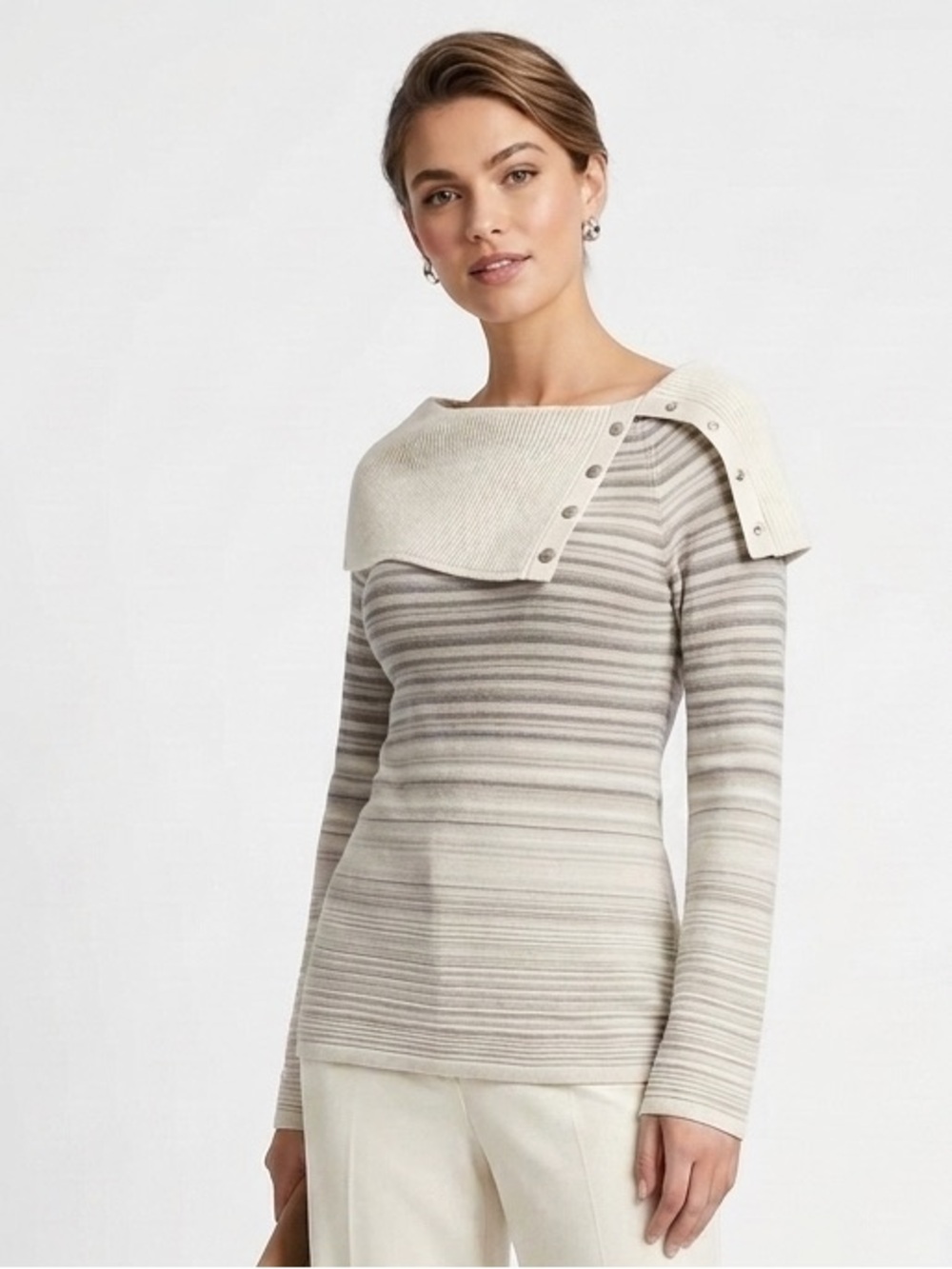 WHBM Split Cowl Neck Tunic Sweater LS OTS Degrade Dark Heather Taupe PS SP $98